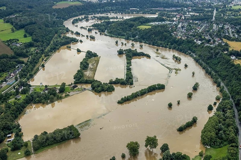Aerial photo, Ruhr floods, Witten waterworks, flooding, Witten, Ruhr area, North Rhine-Westphalia, Germany, DE, Europe, birds-eyes view, aerial photo, aerial photography, aerial photography, overview, bird's eye view, Ruhr floods, heavy rain, flood of the century