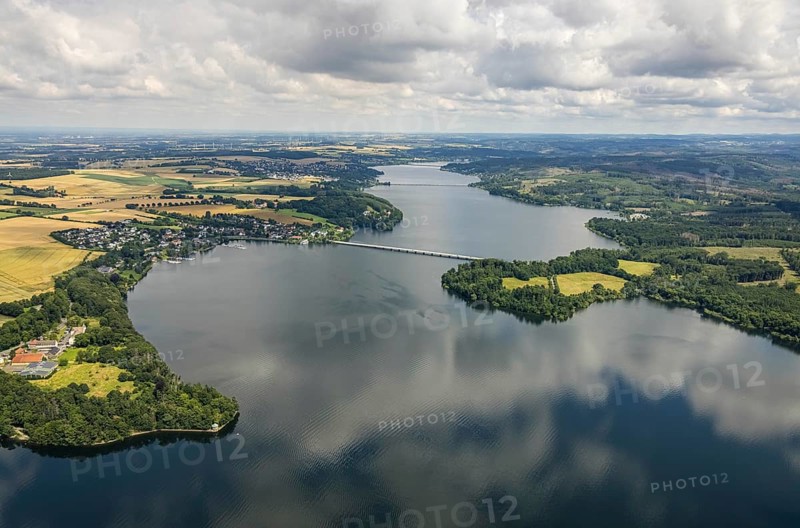 Aerial view, flood after heavy rainfall, Möhne dam with water level, Günne, Lake Möhne, Sauerland, North Rhine-Westphalia, Germany, DE, Europe, birds-eyes view, aerial view, aerial photography, aerial photography, overview, bird's eye view, flood, Möhne river