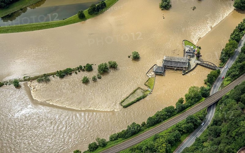 Aerial photo, Ruhr flood, barrage Witten, flooding, Annen, Witten, Ruhr area, North Rhine-Westphalia, Germany, DE, Europe, birds-eyes view, aerial photo, aerial photography, aerial photography, overview, bird's eye view, Ruhr flood, heavy rain, flood of the century