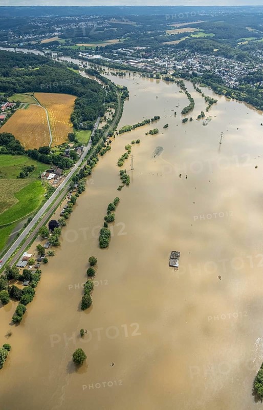 Aerial view, Ruhr floods, Ruhr between Wetter and Witten, flooding, Annen, Witten, Ruhr area, North Rhine-Westphalia, Germany, DE, Europe, birds-eyes view, aerial photography, aerial photography, overview, bird's eye view, Ruhr floods, heavy rain, flood of the century
