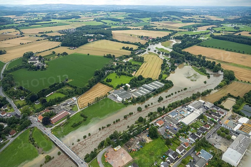 Aerial photo, Ruhr flood, flood after heavy rainfall, Wickede, Sauerland, North Rhine-Westphalia, Germany, DE, Europe, birds-eyes view, aerial photo, aerial photography, aerial photography, overview, bird's eye view, flood, Möhne, Möesee