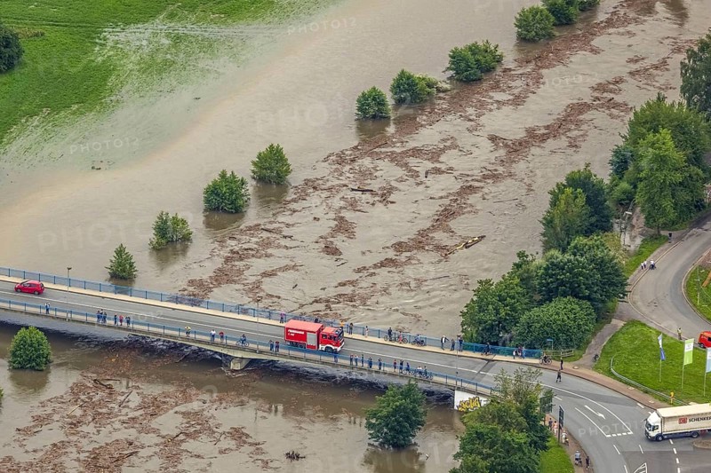 Aerial photo, Ruhr flood, flood after heavy rainfall, Wickede, Sauerland, North Rhine-Westphalia, Germany, DE, Europe, birds-eyes view, aerial photo, aerial photography, aerial photography, overview, bird's eye view, flood, Möhne, Möesee