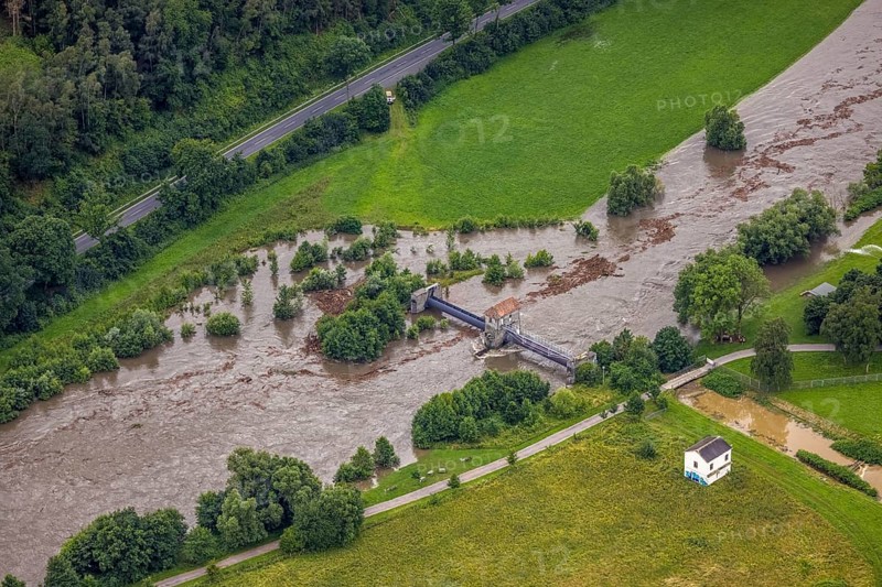 Aerial photo, Ruhr flood, flood after heavy rainfall, Wickede, Sauerland, North Rhine-Westphalia, Germany, DE, Europe, birds-eyes view, aerial photo, aerial photography, aerial photography, overview, bird's eye view, flood, Möhne, Möesee