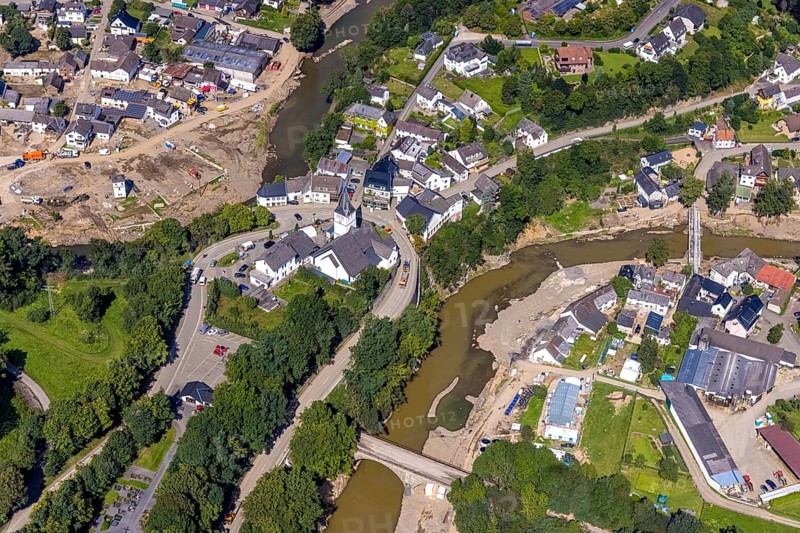 Aerial view, flood area with river Ahr and bridge damage and St. Gertrud Church in Schuld, Ahr Valley, Rhineland-Palatinate, Germany, Ahr flood, place of worship, bridges, DE, Europe, flood disaster, tidal wave, religious community, place of worship, holy site, flood disaster, flood of the century, church, parish, denomination, aerial view, aerial photography, aerial photography, religion, religious site, guilt, heavy rain, overview, bird's-eye view, overview, flooding, flood, flooded area
