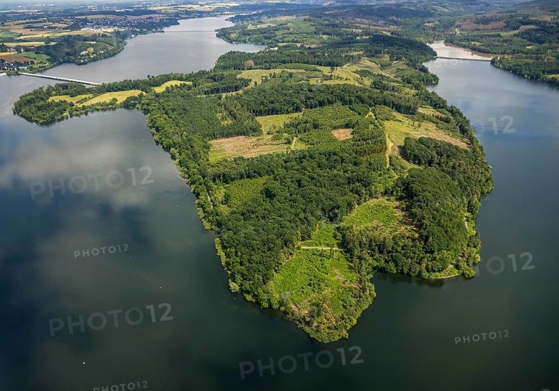 Aerial view, flood after heavy rainfall, Möhne dam with water level, Günne, Lake Möhne, Sauerland, North Rhine-Westphalia, Germany, DE, Europe, birds-eyes view, aerial view, aerial photography, aerial photography, overview, bird's eye view, flood, Möhne river