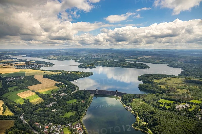 Aerial view, flood after heavy rainfall, Möhne dam with water level, Günne, Lake Möhne, Sauerland, North Rhine-Westphalia, Germany, DE, Europe, birds-eyes view, aerial view, aerial photography, aerial photography, overview, bird's eye view, flood, Möhne river