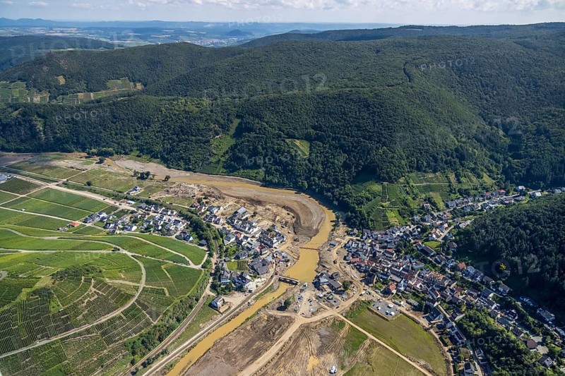 Aerial view, flood area at the river Ahr in the district of Rech, Altenahr, Ahr valley, Rhineland-Palatinate, Germany, Ahr flood, DE, Europe, flood disaster, flood disaster, flood of the century, aerial photograph, aerial photography, aerial photography, Mayschoß, Rech, overview, bird's-eye view, overview, flooding, flooding
