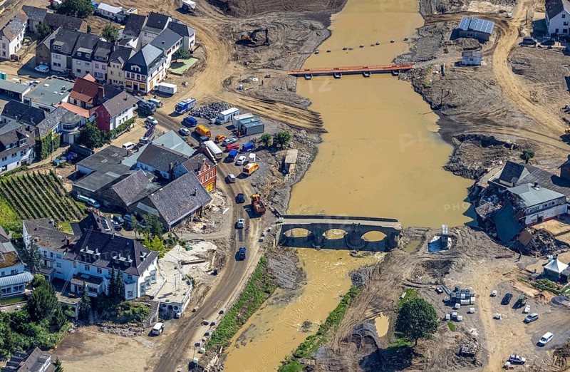 Aerial view, flood area at the river Ahr in the district of Rech, Altenahr, Ahr valley, Rhineland-Palatinate, Germany, Ahr flood, DE, Europe, flood disaster, flood disaster, flood of the century, aerial photograph, aerial photography, aerial photography, Mayschoß, Rech, overview, bird's-eye view, overview, flooding, flooding