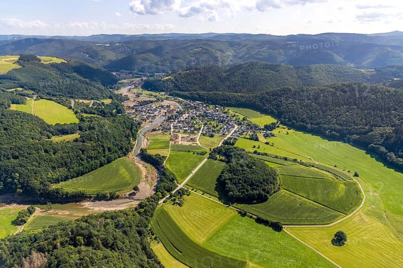 Aerial view, flood area at the river Ahr in Insul, Ahr valley, Rhineland-Palatinate, Germany, Ahr flood, mountains and valleys, DE, Europe, flood disaster, flood, flood disaster, hilly landscape, flood of the century, aerial photograph, aerial photography, aerial photography, aerial photography, guilt, overview, bird's-eye view, overview, flooding, flooding, flood area