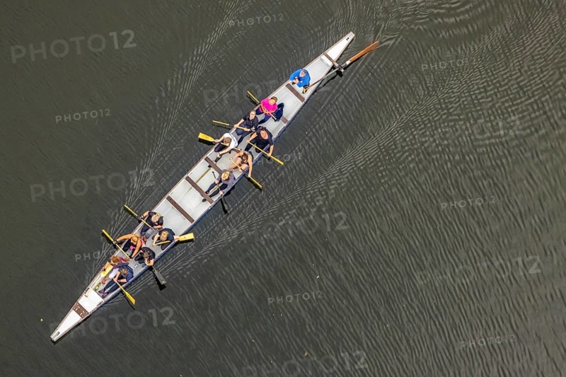 Aerial view, break while boating on the Kemnader Lake in the district Ostherbede in Witten, Ruhr area, North Rhine-Westphalia, Germany, boat, DE, Europe, canoe, aerial view, aerial photography, aerial photography, overview, bird's eye view, Witten, birds-eyes view, overview, rowing
