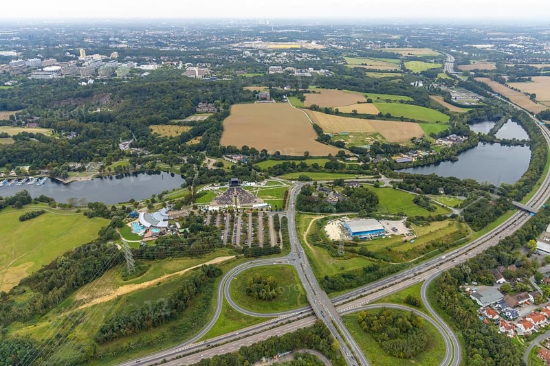Aerial photo, tent festival at Lake Kemnader with corona-related beach chair edition 2021 in the Heven district of Witten, Ruhr area, North Rhine-Westphalia, Germany, distance rule, Corona crisis, Corona measures, Covid-19, DE, Europe, hygiene measures, culture, art, aerial photography, aerial photography, aerial photography, beach chairs, overview, events, venue, event location, bird's eye view, Witten, ZFR, birds-eyes view, cultural use, overview