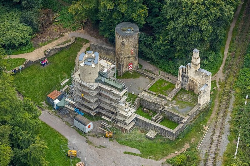 Aerial view, castle ruin Hardenstein renovation in the district Vormholz in Witten, Ruhr area, North Rhine-Westphalia, Germany, DE, Europe, aerial view, aerial photography, aerial photography, overview, bird's eye view, Witten, birds-eyes view, overview