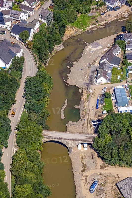 Aerial view, flood area with river Ahr and bridge damage in Schuld, Ahr valley, Rhineland-Palatinate, Germany, Ahr flood, bridges, DE, Europe, flood disaster, flood wave, flood disaster, flood of the century, aerial photograph, aerial photography, aerial photography, Schuld, heavy rain, overview, bird's-eye view, overview, flooding, flooding, flood area