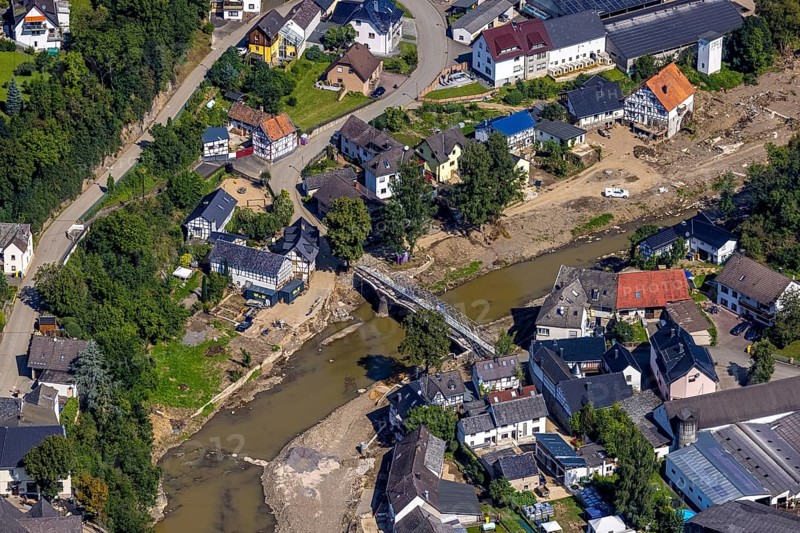Aerial view, flood area with river Ahr and bridge damage Domhofstraße in Schuld, Ahr valley, Rhineland-Palatinate, Germany, Ahr flood, bridges, DE, Europe, flood disaster, flood wave, flood disaster, flood of the century, aerial view, aerial photography, aerial photography, aerial photography, Schuld, heavy rain, overview, bird's eye view, overview, flooding, flooding, flood area