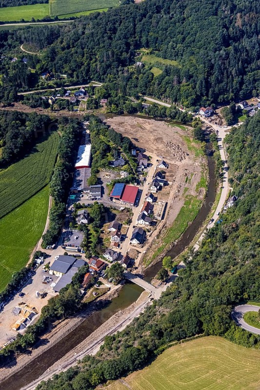 Aerial view, flood area with river Ahr and bridge damage in Schuld, Ahr valley, Rhineland-Palatinate, Germany, Ahr flood, bridges, DE, Europe, flood disaster, flood wave, flood disaster, flood of the century, aerial photograph, aerial photography, aerial photography, Schuld, heavy rain, overview, bird's-eye view, overview, flooding, flooding, flood area