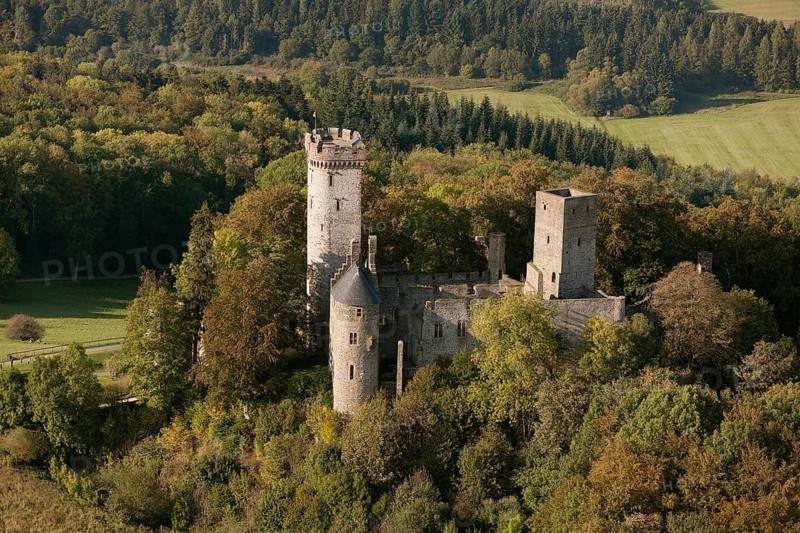 Aerial view, Kasselburg Eagle and Wolf Park, Pelm, Eifel, Rhineland-Palatinate, Germany
