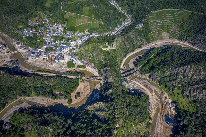 Aerial view, flood area at the river Ahr with destroyed bridges and tunnel entrances in Altenahr, Ahr valley, Rhineland-Palatinate, Germany, Ahr flood, Altenahr, DE, Europe, flood disaster, flood, flood disaster, flood of the century, aerial photograph, aerial photography, aerial photography, overview, bird's-eye view, overview, flooding, flooding, flood area