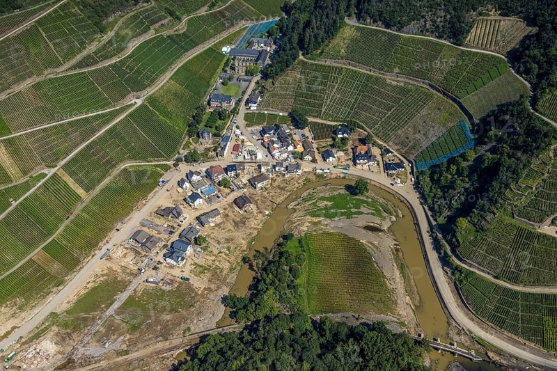 Aerial view, flood area at the river Ahr at vineyards and small Ahr loop at the winery Kloster Marienthal in Marienthal, Dernau, Ahr valley, Rhineland-Palatinate, Germany, Ahr flood, DE, Europe, flood disaster, flood disaster, century flood, monastery, aerial view, aerial photography, aerial photography, overview, bird's-eye view, overview, flooding, flooding, flood area