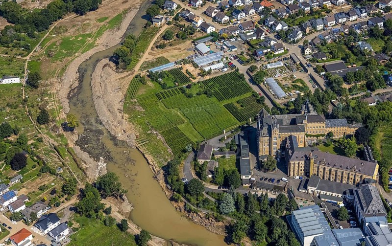 Aerial view, flood area at the river Ahr and monastery with pilgrimage church Calvarienberg in Walporzheim, Bad Neuenahr-Ahrweiler, Ahr valley, Rhineland-Palatinate, Germany, Ahr flood, place of worship, DE, Europe, flood disaster, religious community, place of worship, holy place, flood, flood disaster, flood of the century, church, church community, monastery, denomination, aerial view, aerial photography, aerial photography, religion, religious site, overview, bird's-eye view, overview, flooding, flooding, flooded area