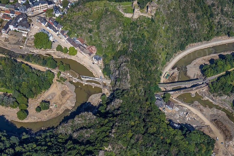Aerial view, flood area at the river Ahr with destroyed bridges and tunnel entrances in Altenahr, Ahr valley, Rhineland-Palatinate, Germany, Ahr flood, Altenahr, DE, Europe, flood disaster, flood, flood disaster, flood of the century, aerial photograph, aerial photography, aerial photography, overview, bird's-eye view, overview, flooding, flooding, flood area