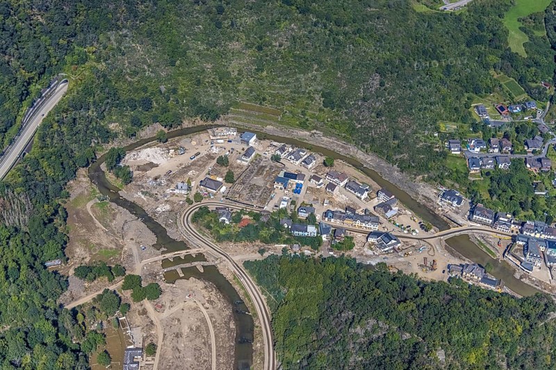 Aerial view, flood area at the river Ahr with cemetery Altenahr in Altenahr, Ahr valley, Rhineland-Palatinate, Germany, Ahr flood, Altenahr, burial site, DE, Europe, flood disaster, cemetery, memorial, Gottesacker, graves, cemetery, flood disaster, flood of the century, aerial photograph, aerial photography, aerial photography, resting place, overview, bird's-eye view, overview, flooding, flooding, flood area