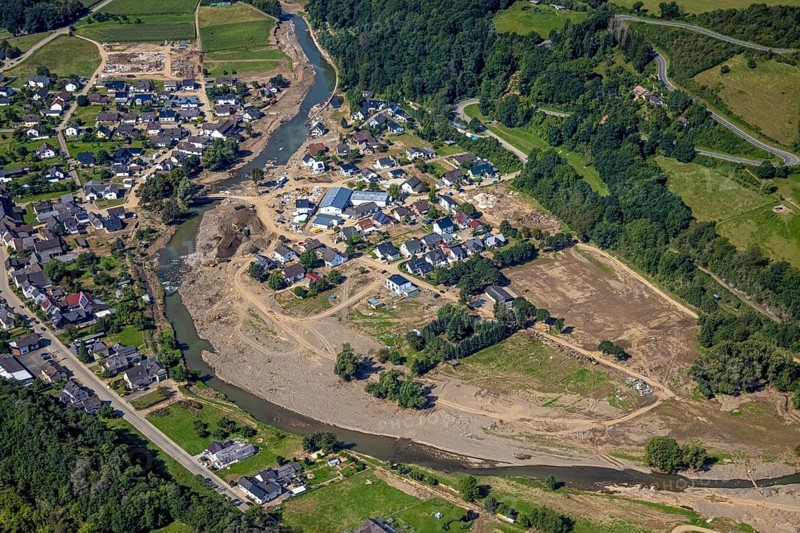Aerial photograph, flood area at the river Ahr in Insul, Ahr valley, Rhineland-Palatinate, Germany, Ahr flood, mountains and valleys, DE, Dümpelfeld, Europe, flood disaster, flood, flood disaster, hilly landscape, flood of the century, aerial photograph, aerial photography, aerial photography, guilt, overview, bird's-eye view, overview, flooding, flooding, flood area