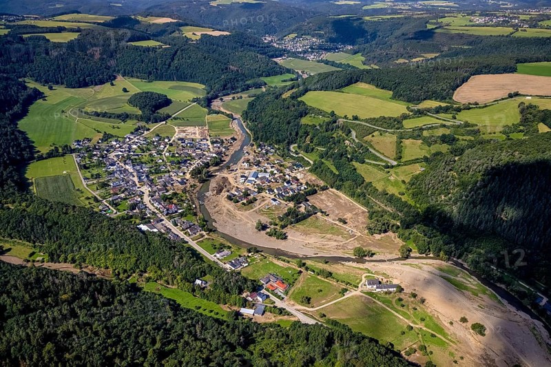 Aerial photograph, flood area at the river Ahr in Insul, Ahr valley, Rhineland-Palatinate, Germany, Ahr flood, mountains and valleys, DE, Dümpelfeld, Europe, flood disaster, flood, flood disaster, hilly landscape, flood of the century, aerial photograph, aerial photography, aerial photography, guilt, overview, bird's-eye view, overview, flooding, flooding, flood area