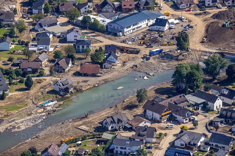 Aerial view, flood area at the river Ahr in Insul, Ahr valley, Rhineland-Palatinate, Germany, Ahr flood, mountains and valleys, bridge, DE, Europe, flood disaster, flood, flood disaster, hilly landscape, Insul, flood of the century, aerial view, aerial photography, aerial photography, aerial photography, guilt, overview, bird's-eye view, overview, flooding, flooding, flood area