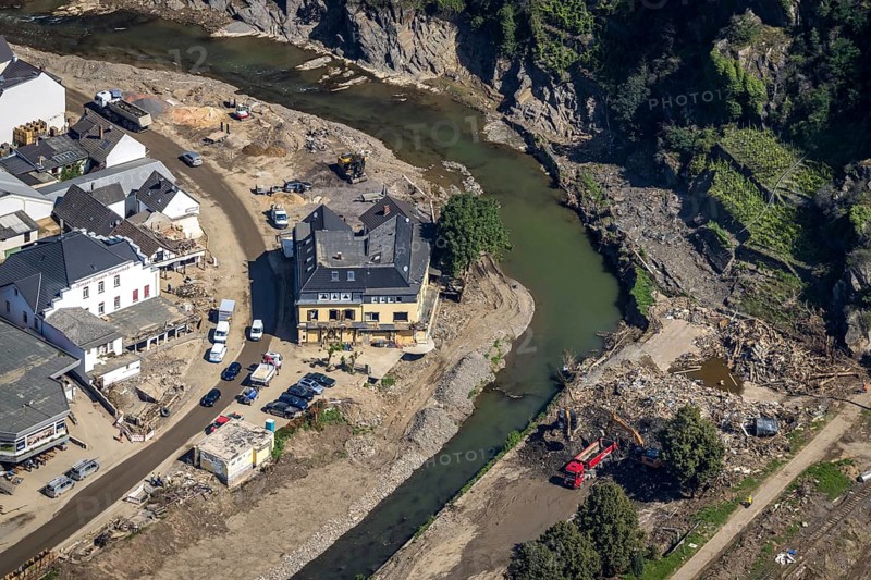 Aerial view, flood area at the river Ahr and destroyed Gasthof zur Saffenburg in Mayschoß, Ahr valley, Rhineland-Palatinate, Germany, Ahr flood, café, DE, food and drink, Europe, flood disaster, inn, restaurant, gastronomy, flood, flood disaster, hotel, flood of the century, aerial view, aerial photography, aerial photography, Mayschoß, restaurant, overview, bird's-eye view, birds-eyes view, overview, destroyed building, flooding, flooding, flooded area