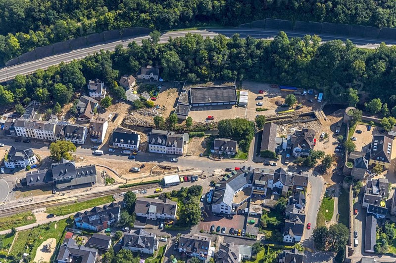 Aerial view, railway station in Bad Münstereifel, Ahr flood, Ahr valley, North Rhine-Westphalia, Germany, Bad Münstereifel, railway tracks, railway station, DE, Deutsche Bahn AG, Erfthochwasser, Europe, flood disaster, flood, flood disaster of the century, aerial photograph, aerial photography, aerial photography, overview, bird's-eye view, living and life, birds-eyes view, overview, flooding, flooding, flooding area