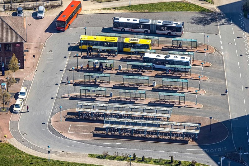 Aerial view, bus station, Franz-Etzel-Platz, ZOB, bicycle stand at railway station, Wesel, Ruhr area, Lower Rhine, North Rhine-Westphalia, Germany, bus stop, buses, DE, Europe, bicycle stand, aerial view, aerial photography, aerial photography, bus station, overview, bird's-eye view, overview