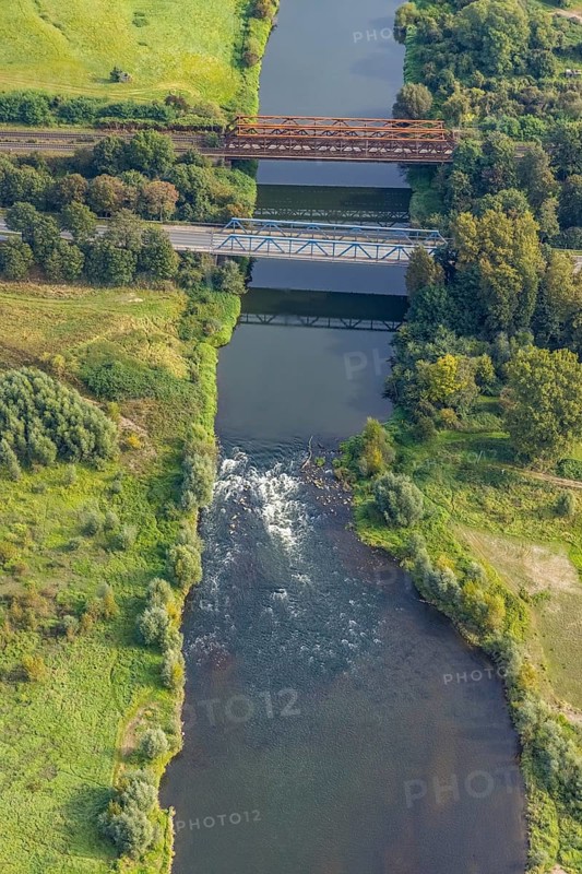 Aerial view, river Lippe water vortex at the Lippeschlösschen in the district Fusternberg in Wesel, Lower Rhine, North Rhine-Westphalia, Germany, bridge, DE, railway bridge, Europe, aerial view, aerial photography, aerial photography, overview, bird's-eye view, water vortex, Wesel, birds-eyes view, overview