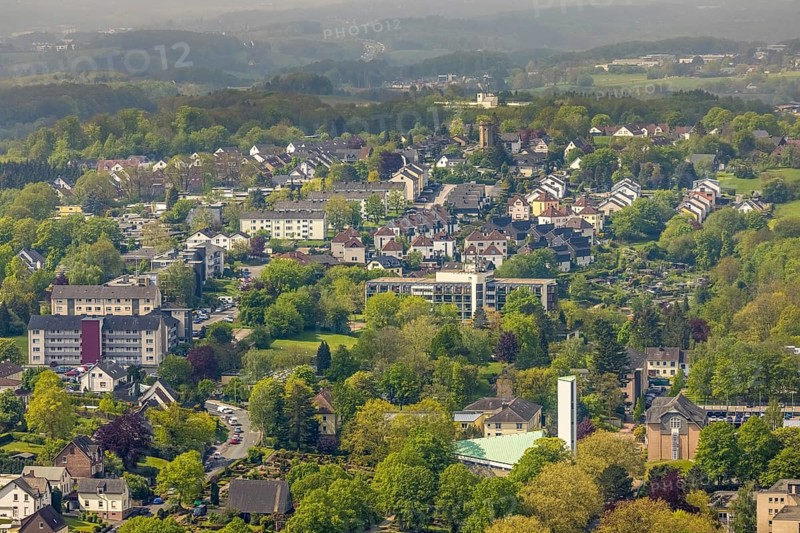 Aerial view, St Martin's Church and local view Volmarstein, Wetter, Ruhr area, North Rhine-Westphalia, Germany, place of worship, DE, Europe, religious community, place of worship, holy place, church, parish, denomination, aerial photograph, aerial photography, aerial photography, religion, religious site, overview, bird's-eye view, overview