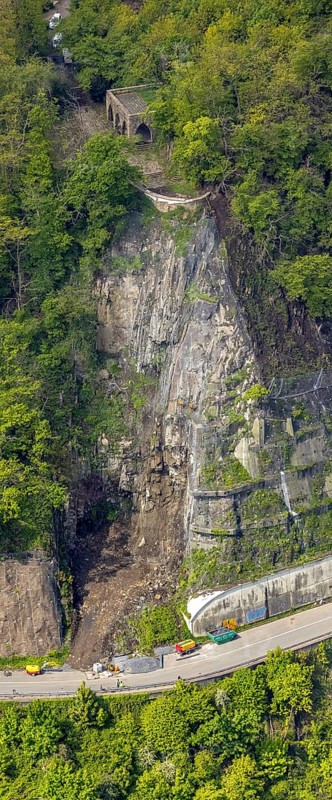 Aerial photo, rockfall protection fences and construction work on the closed cycle path and hiking trail at Lake Harkort, workers on the slope, weather, Ruhr area, North Rhine-Westphalia, Germany, DE, Europe, rockfall nets, rockfall protection fences, aerial photo, aerial photography, aerial photography, rockfall nets, overview, bird's eye view, birds-eyes view, overview