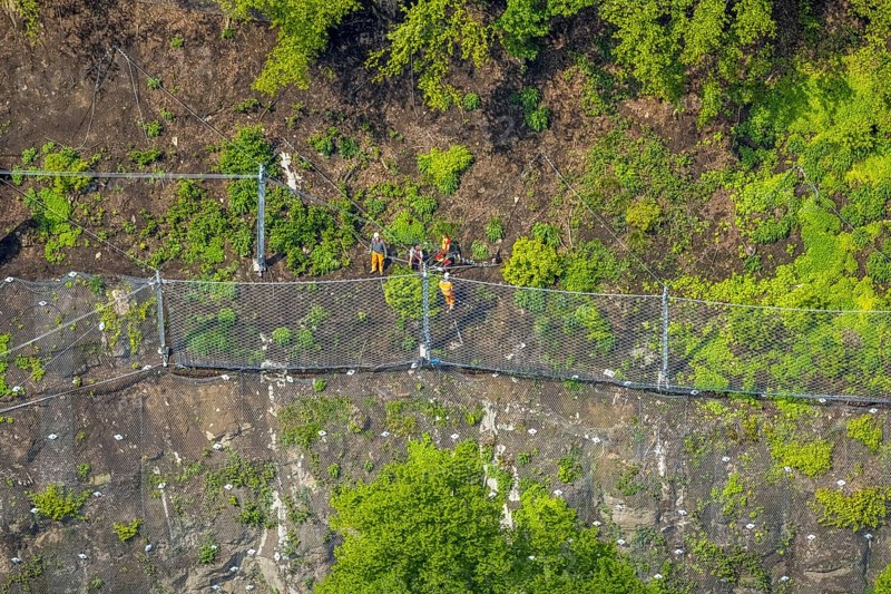 Aerial photo, rockfall protection fences and construction work on the closed cycle path and hiking trail at Lake Harkort, workers on the slope, weather, Ruhr area, North Rhine-Westphalia, Germany, DE, Europe, rockfall nets, rockfall protection fences, aerial photo, aerial photography, aerial photography, rockfall nets, overview, bird's eye view, birds-eyes view, overview