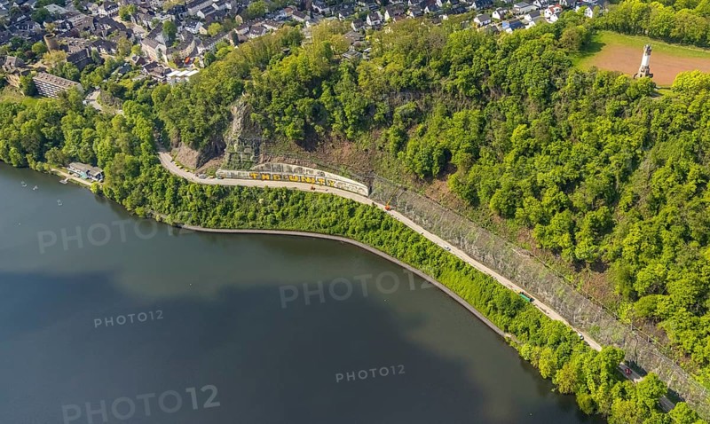 Aerial photo, rockfall protection fences and construction work on the closed cycle path and hiking trail at Lake Harkort, Wetter, Ruhr area, North Rhine-Westphalia, Germany, DE, Europe, rockfall nets, rockfall protection fences, Harkort tower, aerial photo, aerial photography, aerial photography, rockfall nets, overview, bird's-eye view, overview