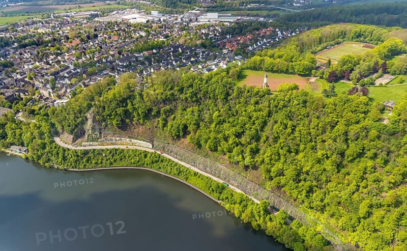 Aerial photo, rockfall protection fences and construction work on the closed cycle path and hiking trail at Lake Harkort, Wetter, Ruhr area, North Rhine-Westphalia, Germany, DE, Europe, rockfall nets, rockfall protection fences, Harkort tower, aerial photo, aerial photography, aerial photography, rockfall nets, overview, bird's-eye view, overview