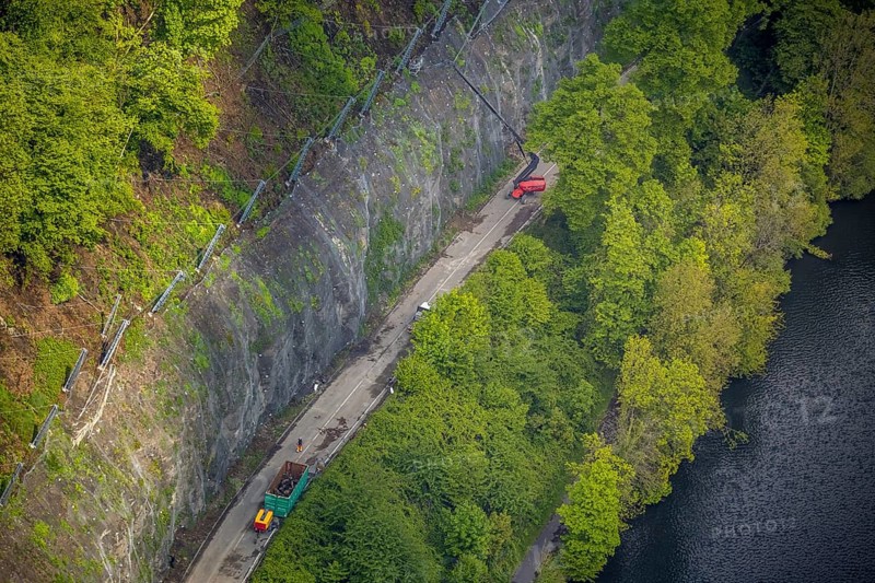 Aerial photograph, rockfall protection fences and construction work on the closed cycle path and hiking trail at Lake Harkort, Wetter, Ruhr area, North Rhine-Westphalia, Germany, DE, Europe, rockfall protection fences, aerial photograph, aerial photography, aerial photography, rockfall nets, overview, bird's-eye view, birds-eyes view, overview