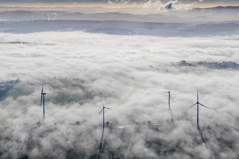 Aerial view, wind turbines in the fog and mountains of the Sauerland in the backlight in the district Wiehagen in Wickede, Sauerland, North Rhine-Westphalia, Germany, mountains, DE, Europe, shapes and colours, aerial view, aerial photography, aerial photography, fog, overview, bird's-eye view, WEA, Wickede, wind energy, wind turbine, wind power, wind turbine, wind turbines, clouds, birds-eyes view, overview