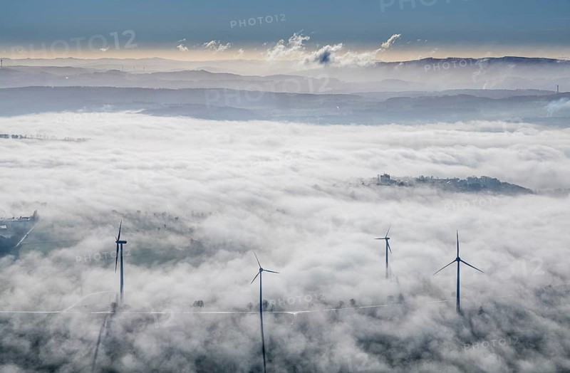 Aerial view, wind turbines in the fog and mountains of the Sauerland in the backlight in the district Wiehagen in Wickede, Sauerland, North Rhine-Westphalia, Germany, mountains, DE, Europe, shapes and colours, aerial view, aerial photography, aerial photography, fog, overview, bird's-eye view, WEA, Wickede, wind energy, wind turbine, wind power, wind turbine, wind turbines, clouds, birds-eyes view, overview