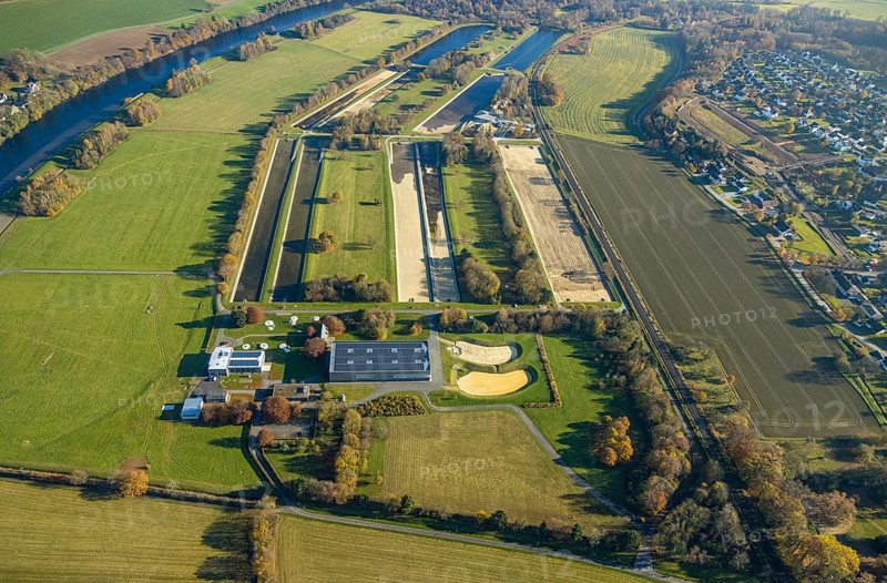 Aerial photograph, Echthausen waterworks in the Echthausen district of Wickede, Sauerland, North Rhine-Westphalia, Germany, treatment plant, DE, Europe, inn, groundwater recharge, aerial photograph, aerial photography, aerial photography, drinking water supply, overview, bird's-eye view, water extraction site, water supply company, Wasserwerke Westfalen GmbH, Wickede, bird's-eye view, overview