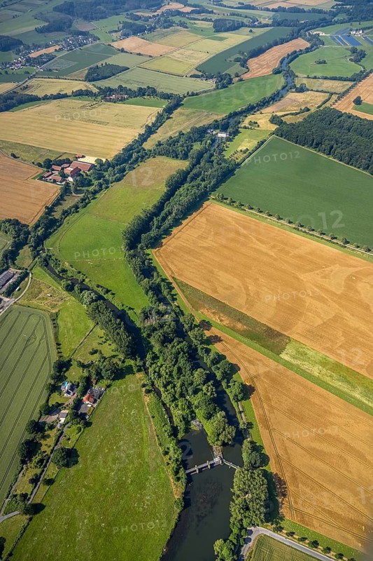 Aerial view, meadows and fields at the river Ruhr and Obergraben Am power plant, Wickede, Sauerland, North Rhine-Westphalia, Germany, DE, Europe, aerial view, aerial photography, aerial photography, overview, riverside forestation, bird's-eye view, overview