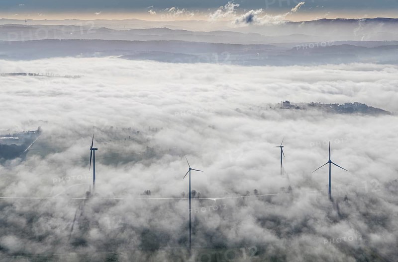 Aerial view, wind turbines in the fog and mountains of the Sauerland in the backlight in the district Wiehagen in Wickede, Sauerland, North Rhine-Westphalia, Germany, mountains, DE, Europe, shapes and colours, aerial view, aerial photography, aerial photography, fog, overview, bird's-eye view, WEA, Wickede, wind energy, wind turbine, wind power, wind turbine, wind turbines, clouds, birds-eyes view, overview
