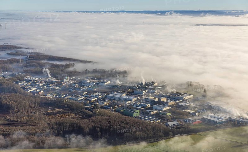 Aerial view, industrial area Westerhaar in fog and mountains of the Sauerland in backlight in Wickede, Sauerland, North Rhine-Westphalia, Germany, mountains, DE, Europe, shapes and colours, backlight, commercial enterprises, commercial area, commercial area, commercial location, commercial use, high-rise building, industrial area, industrial site, aerial view, aerial photography, aerial photography, fog, overview, bird's-eye view, WEA, Wickede, wind energy, wind energy plant, wind power, wind turbine, wind turbines, clouds, birds-eyes view, overview