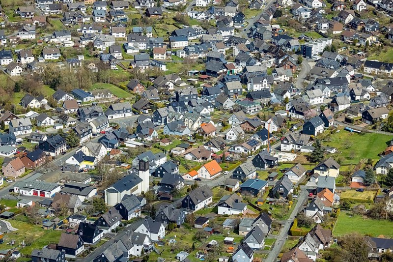 Aerial view, aerial view with Catholic Church St. Josef in Wilgersdorf, Wilnsdorf, Siegerland, North Rhine-Westphalia, Germany, place of worship, DE, Europe, religious community, place of worship, holy place, church, parish, denomination, district Siegen-Wittgenstein, aerial view, aerial photography, aerial photography, site view, religion, religious site, townscape, urban area, overview, bird's-eye view, overview