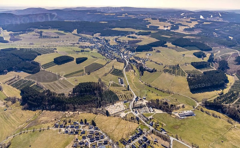 Miniature golf course AdventureGolf Winterberg Hildfeld, Grönebach, Winterberg, Sauerland, North Rhine-Westphalia, Germany, DE, Europe, aerial view, aerial photography, aerial photography, miniature golf course, pandemic lockdown, snow remains, sport, overview, bird's eye view, winter, birds-eyes view, overview