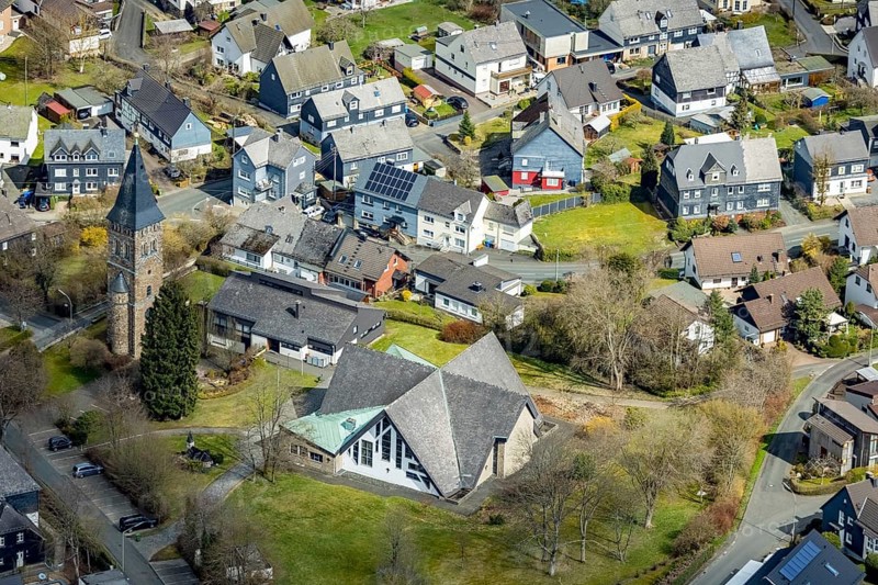 Aerial view, St. Martin's Catholic Church in Wilnsdorf, Siegerland, North Rhine-Westphalia, Germany, place of worship, DE, Europe, religious community, place of worship, sacred site, church, parish, denomination, Siegen-Wittgenstein district, aerial view, aerial photography, aerial photography, religion, religious site, overview, bird's-eye view, Wilnsdorf, birds-eyes view, overview