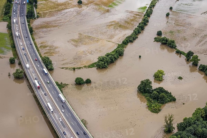 Aerial photo, Ruhr flood, Ruhr bridge of the Sauerland line A45, motorway bridge A45, Wandhofen, Schwerte, Ruhr area, North Rhine-Westphalia, Germany, DE, Europe, birds-eyes view, aerial photo, aerial photography, aerial photography, overview, bird's eye view