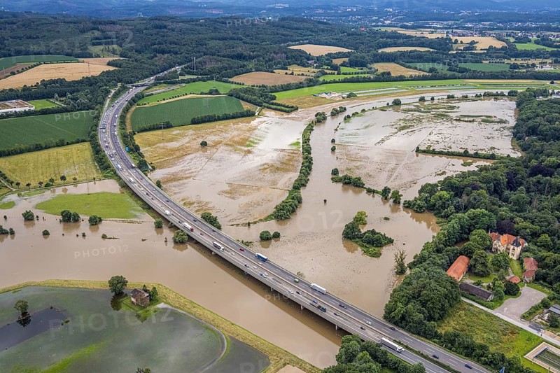 Aerial photo, Ruhr flood, Ruhr bridge of the Sauerland line A45, motorway bridge A45, Wandhofen, Schwerte, Ruhr area, North Rhine-Westphalia, Germany, DE, Europe, birds-eyes view, aerial photo, aerial photography, aerial photography, overview, bird's eye view