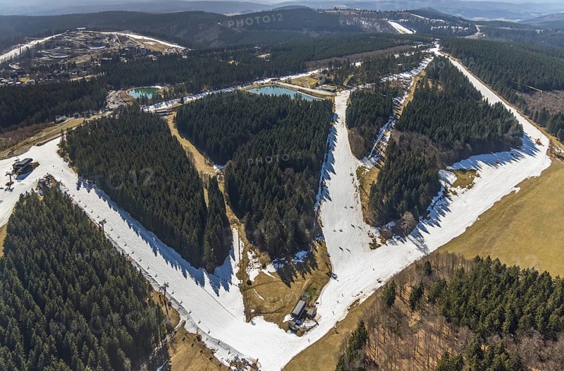 Chairlift mountain station Büre, Winterberg, Sauerland, North Rhine-Westphalia, Germany, DE, Europe, distant view, hilly landscape, aerial view, aerial photo, aerial photography, aerial photography, pandemic lockdown, snow remains, chairlift, ski lift, overview, bird's eye view, winter, birds-eyes view, overview